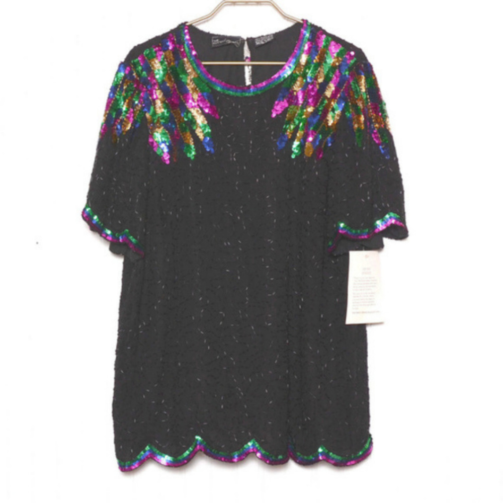 Jewel Queen XXL Sequin Beaded Silk Top (l04)